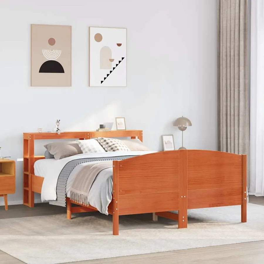 Cadre de lit sans matelas cire marron 135x190cm bois pin massif