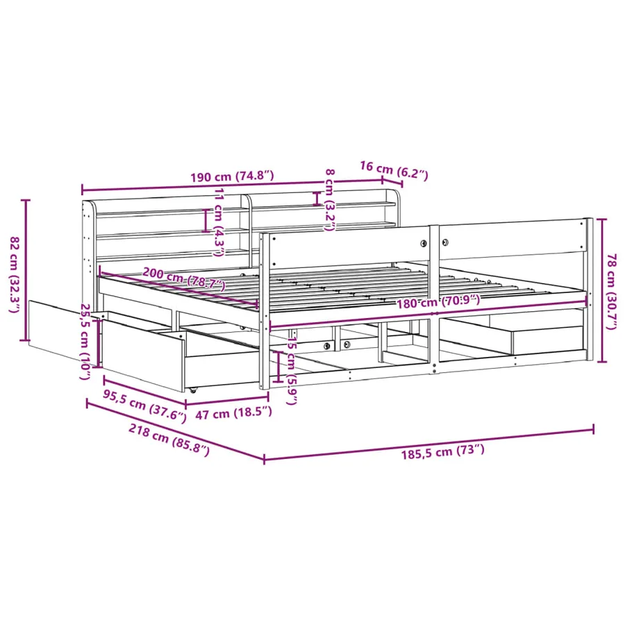 Cadre de lit sans matelas cire marron 180x200cm bois pin massif - 12