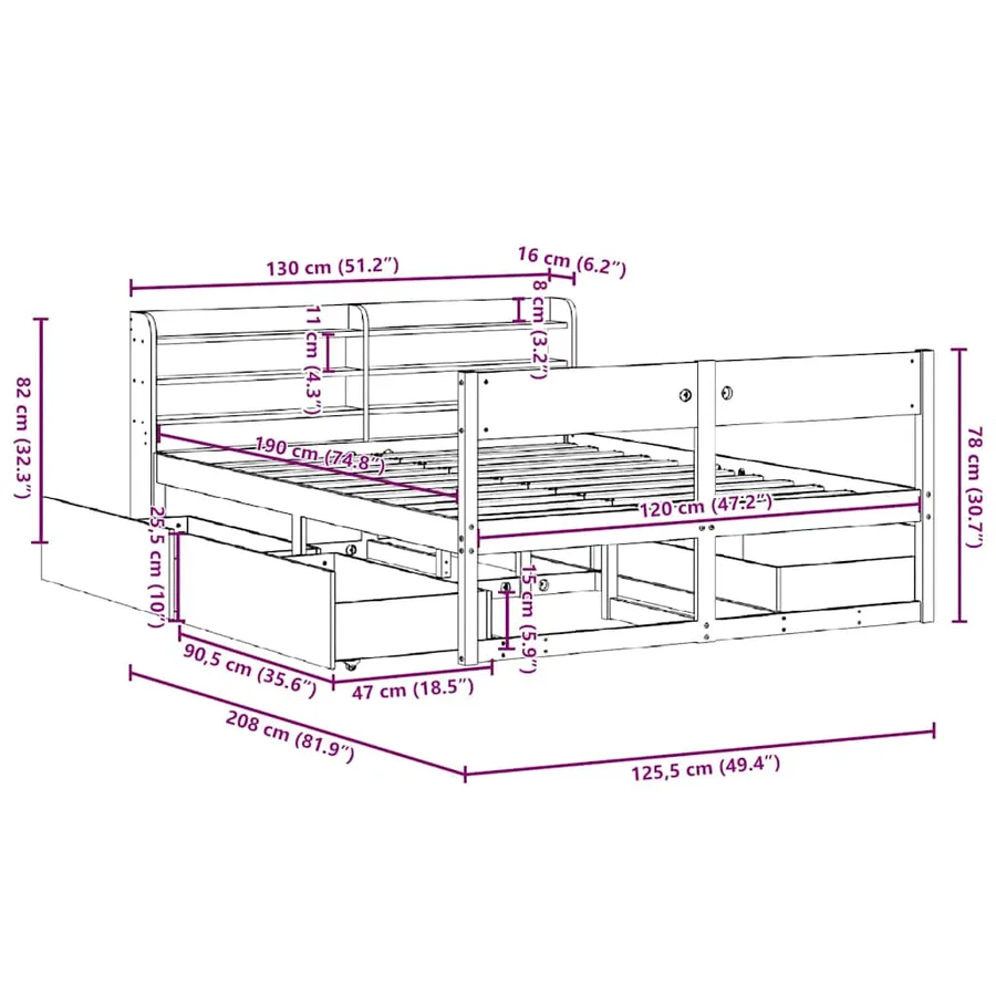 Cadre de lit sans matelas blanc 120x190 cm bois de pin massif - 12