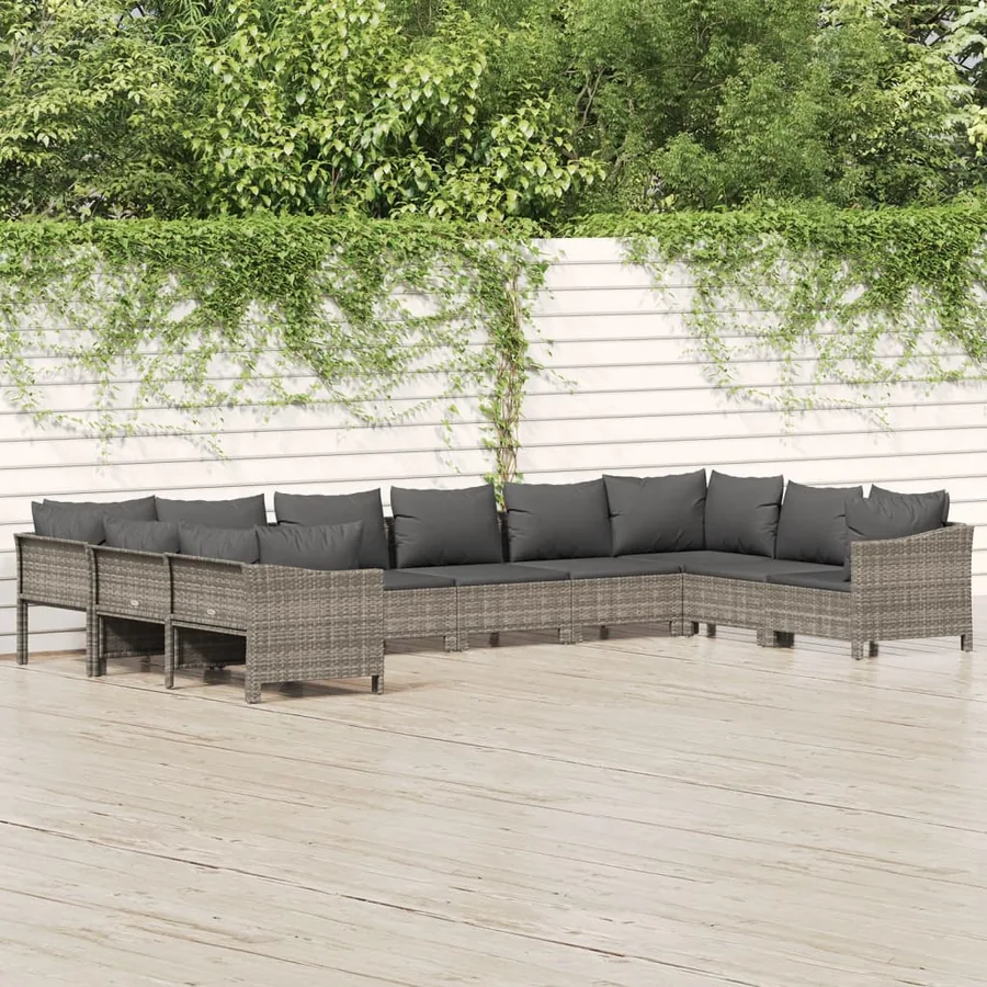 Salon de jardin 10 pcs avec coussins Gris Résine tressée