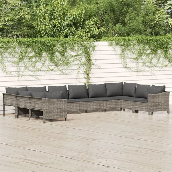 Salon de jardin 10 pcs avec coussins Gris Résine tressée