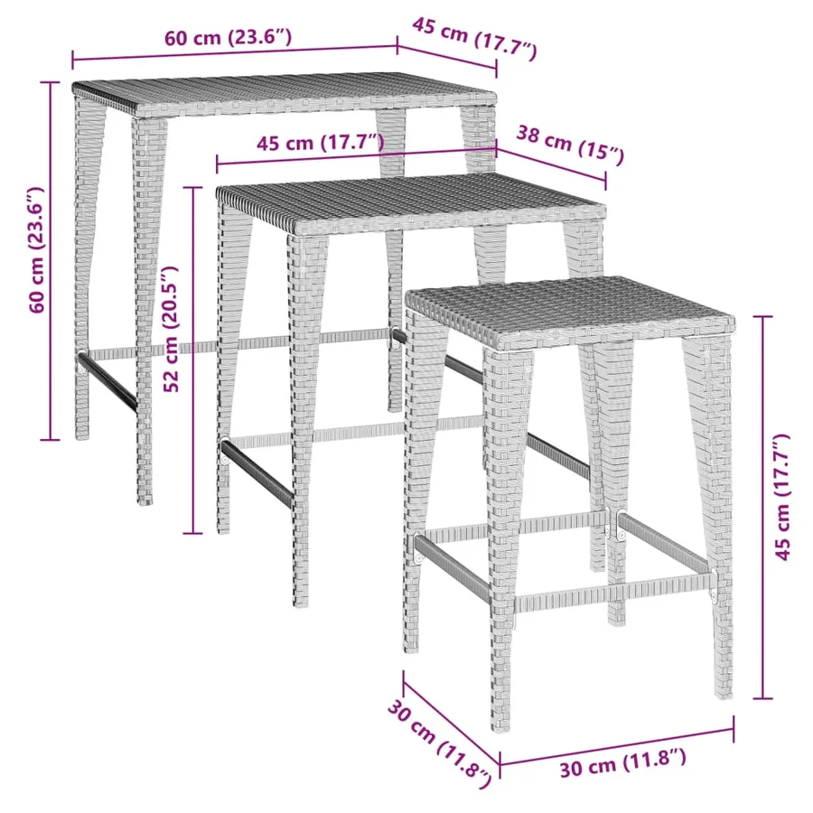 Tables gigognes de jardin 3 pcs marron résine tressée - 8