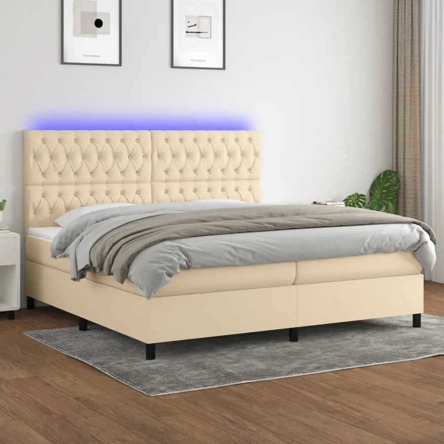 Sommier à lattes de lit et matelas et LED Crème 200x200cm Tissu