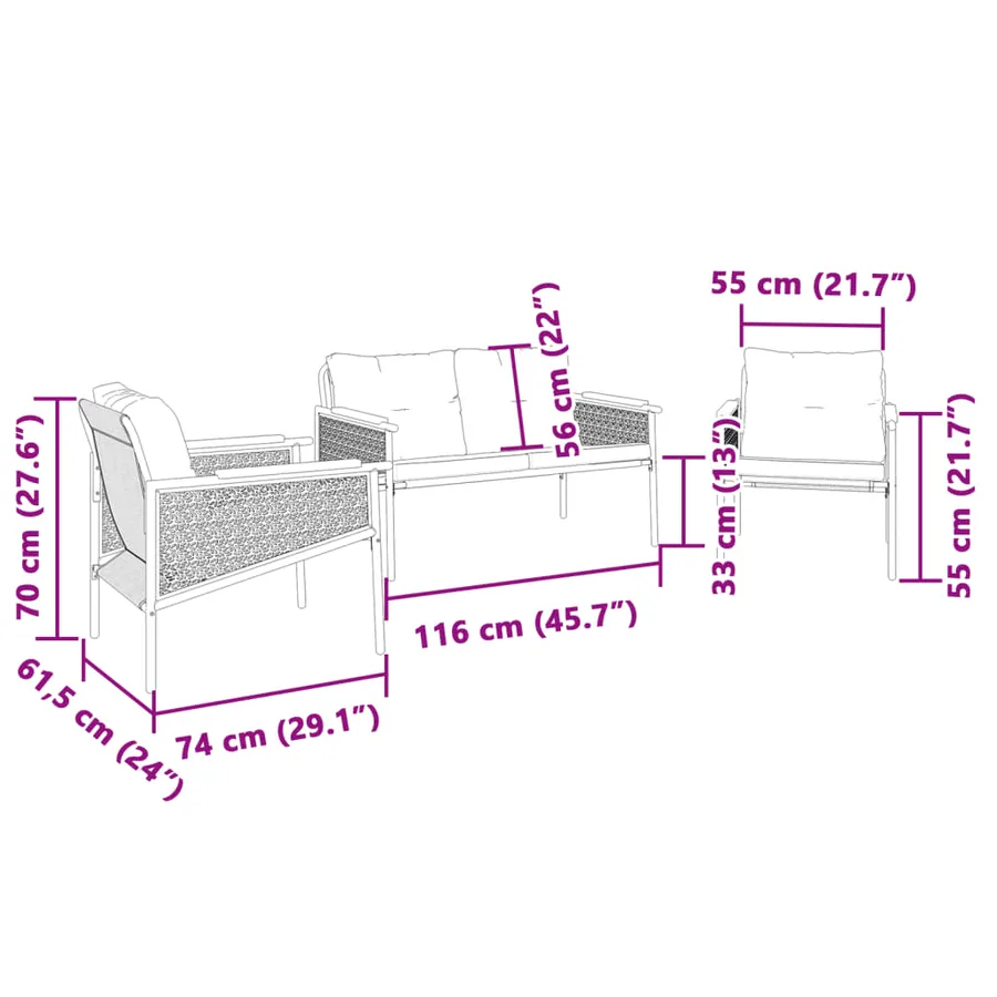 Ensemble de meubles de balcon avec coussins 3 pcs noir acier - 8