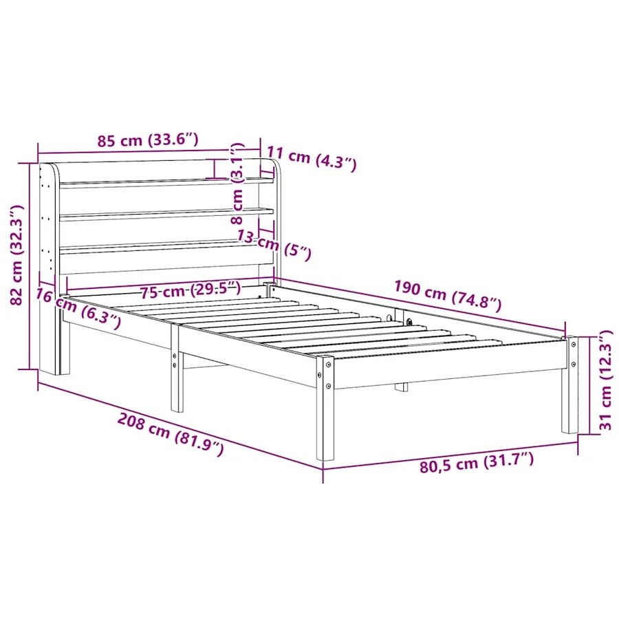 Cadre de lit sans matelas blanc 75x190 cm bois de pin massif - 12