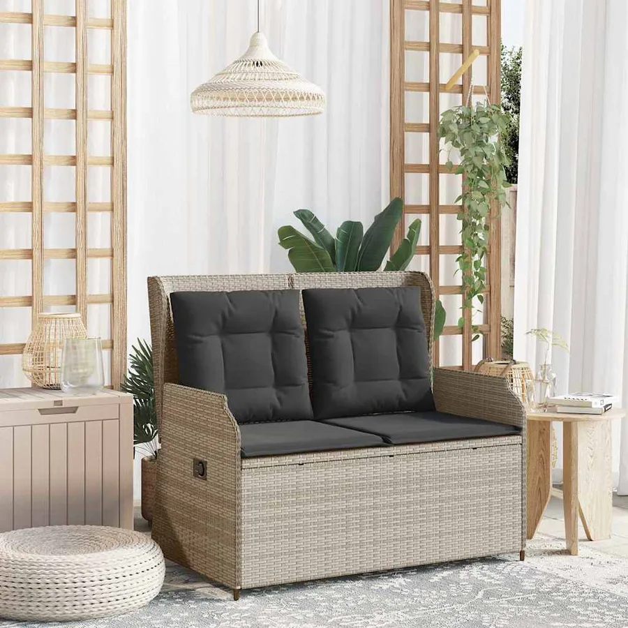 Banc inclinable de jardin et coussins gris clair résine tressée - 3