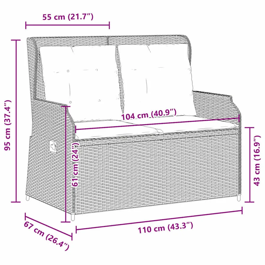 Banc inclinable de jardin et coussins gris clair résine tressée - 9