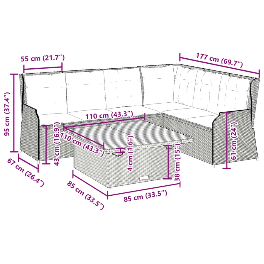 Salon de jardin 5 pcs avec coussins Gris Résine tressée - 12