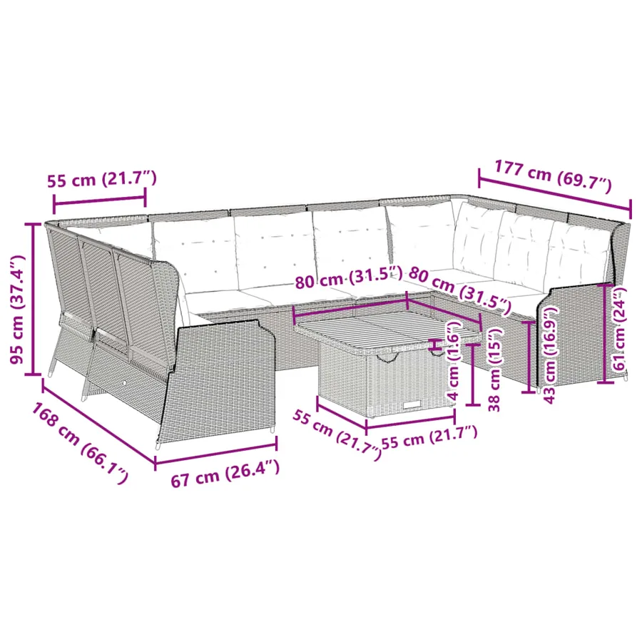 Salon de jardin 7 pcs avec coussins Gris Résine tressée - 13