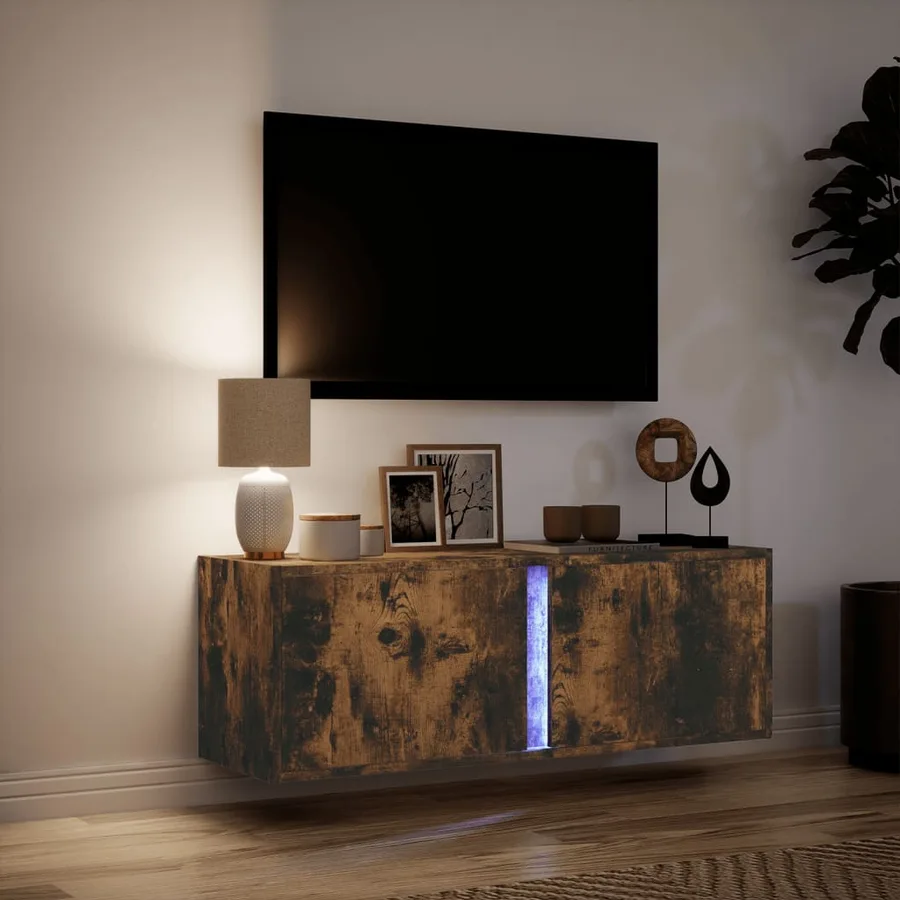 Meuble TV mural avec lumières LED chêne fumé 100x31x35 cm - 5