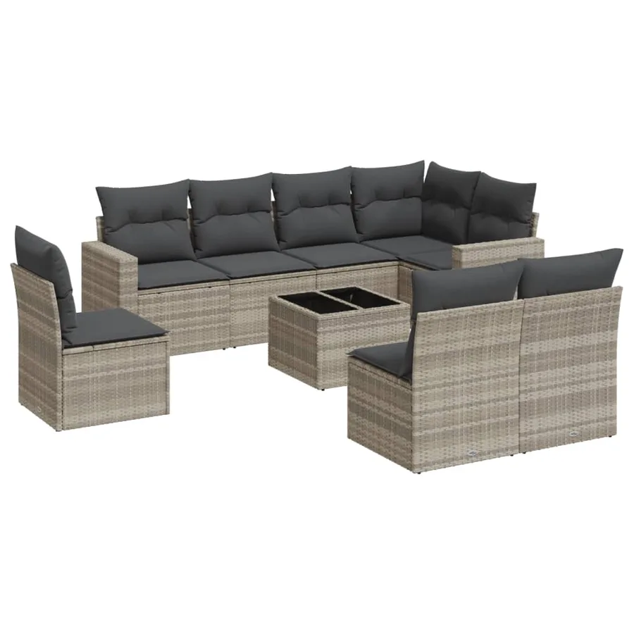 Salon de jardin 9 pcs avec coussins gris clair résine tressée - 2