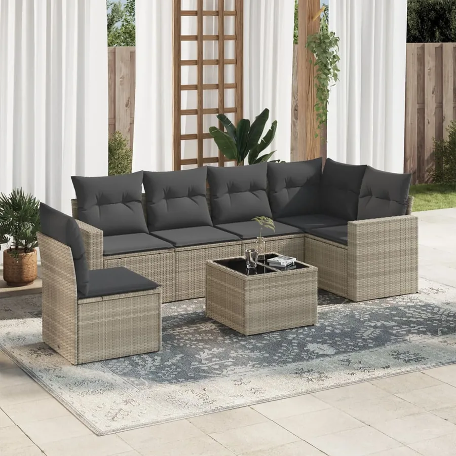 Salon de jardin avec coussins 7 pcs gris clair résine tressée