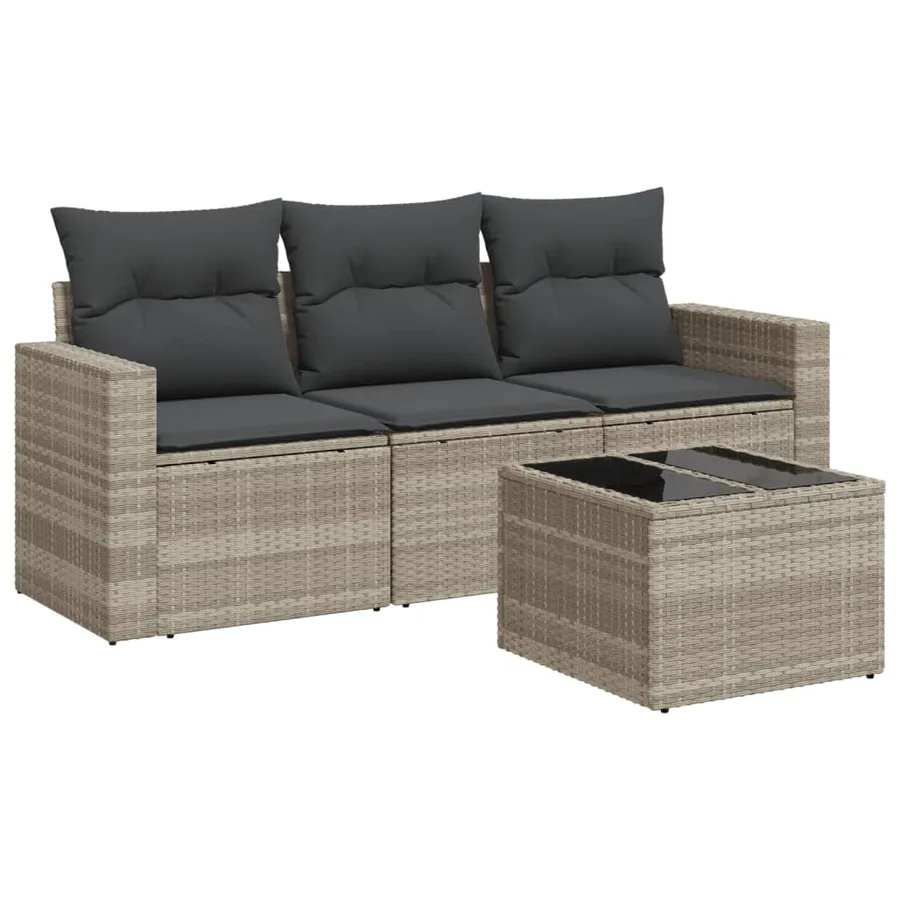 Salon de jardin 4 pcs avec coussins gris clair résine tressée - 2