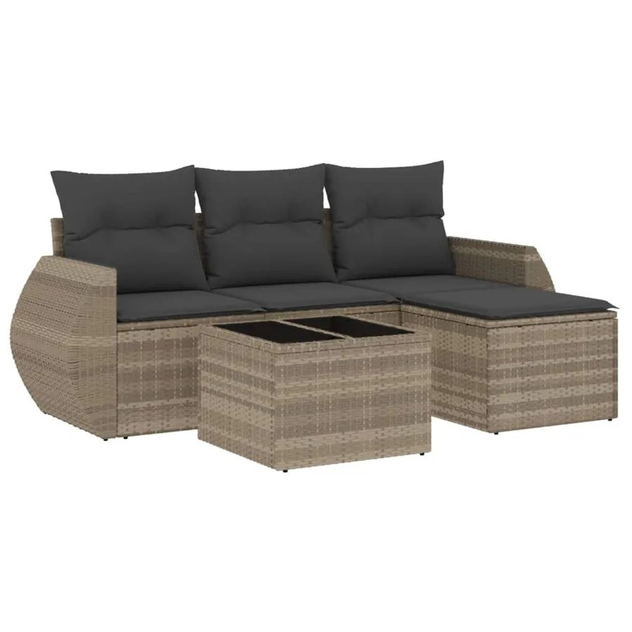 Salon de jardin 5 pcs avec coussins gris clair résine tressée - 2