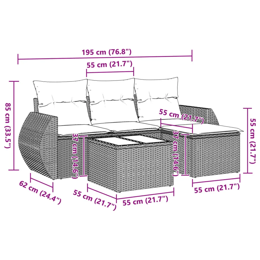 Salon de jardin 5 pcs avec coussins gris clair résine tressée - 3