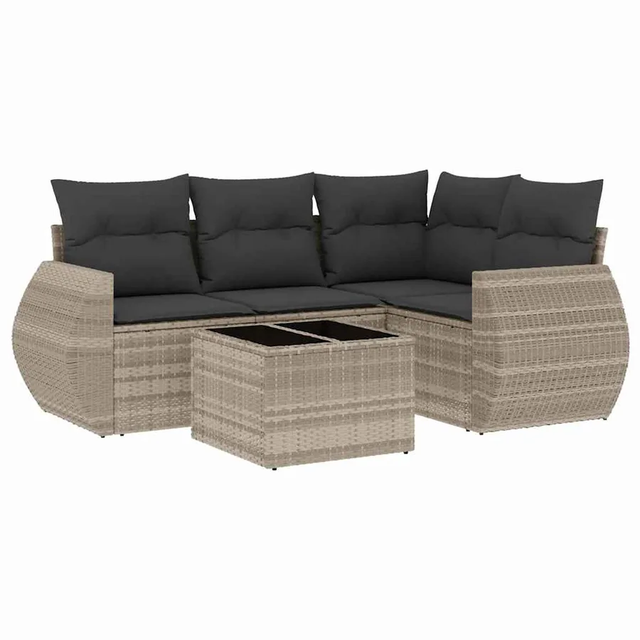 Salon de jardin 5 pcs avec coussins gris clair résine tressée - 2