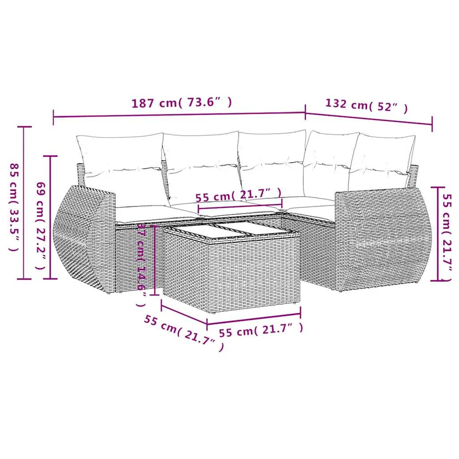 Salon de jardin 5 pcs avec coussins gris clair résine tressée - 3