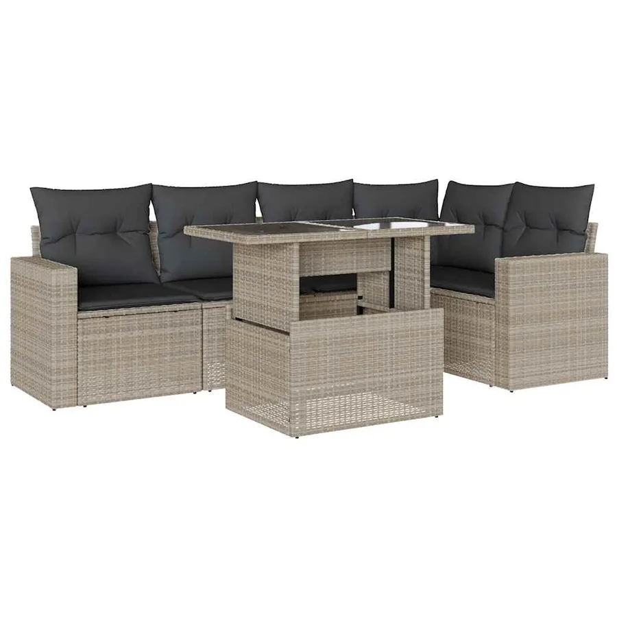 Salon de jardin 6 pcs avec coussins gris clair résine tressée - 2