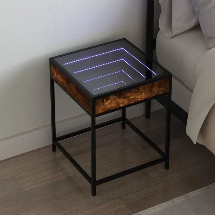 Table de chevet avec LED infini chêne fumé 40x40x51 cm