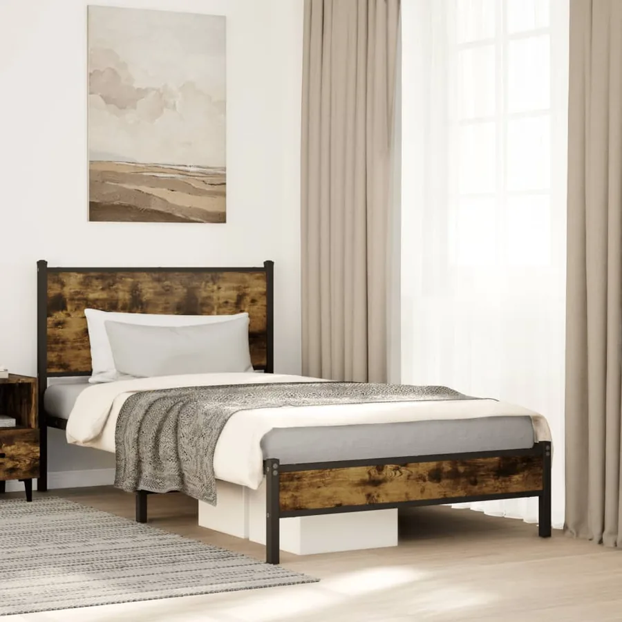 Cadre de lit en métal sans matelas chêne fumé 107x203 cm