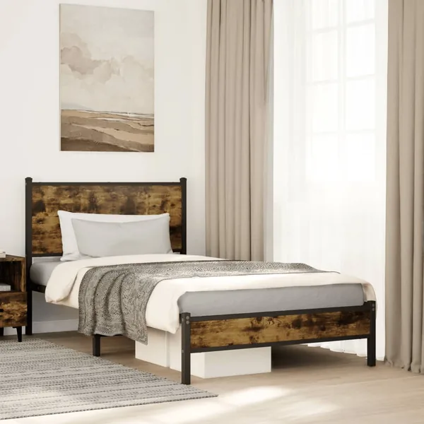 Cadre de lit en métal sans matelas chêne fumé 107x203 cm
