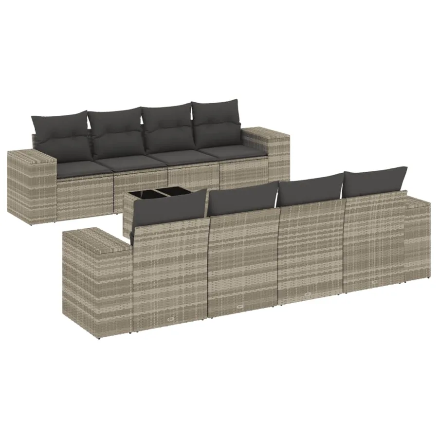 Salon de jardin 9 pcs avec coussins gris clair résine tressée - 2