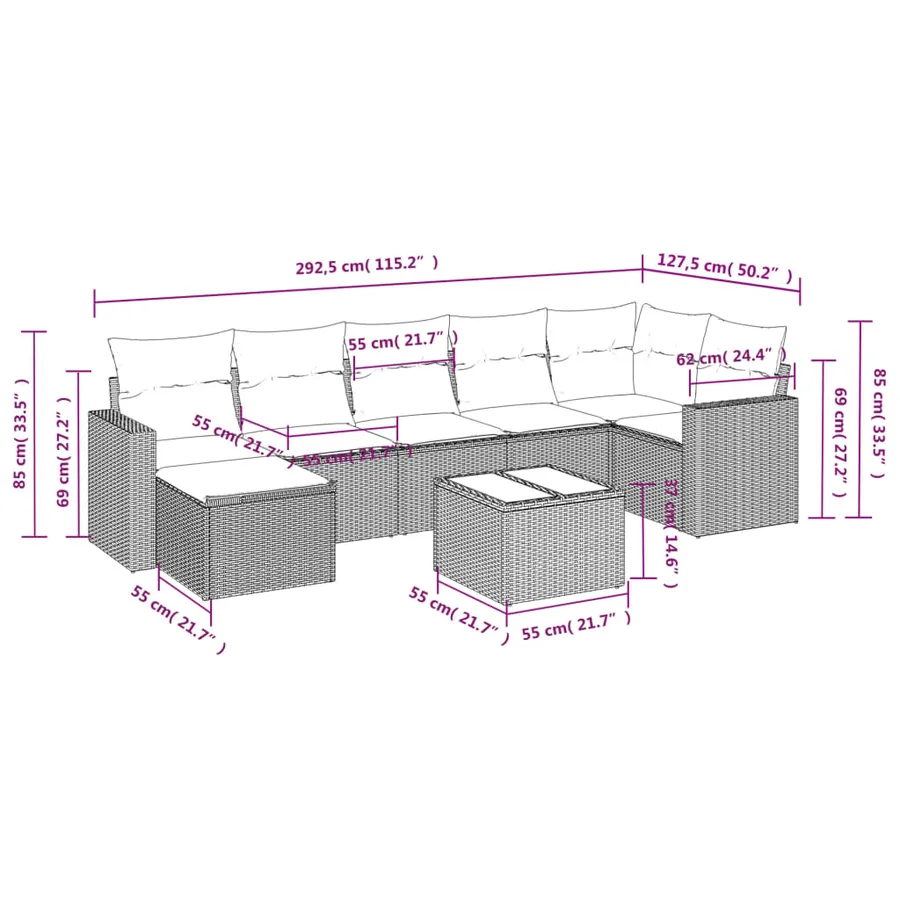 Salon de jardin 8 pcs avec coussins gris clair résine tressée - 3