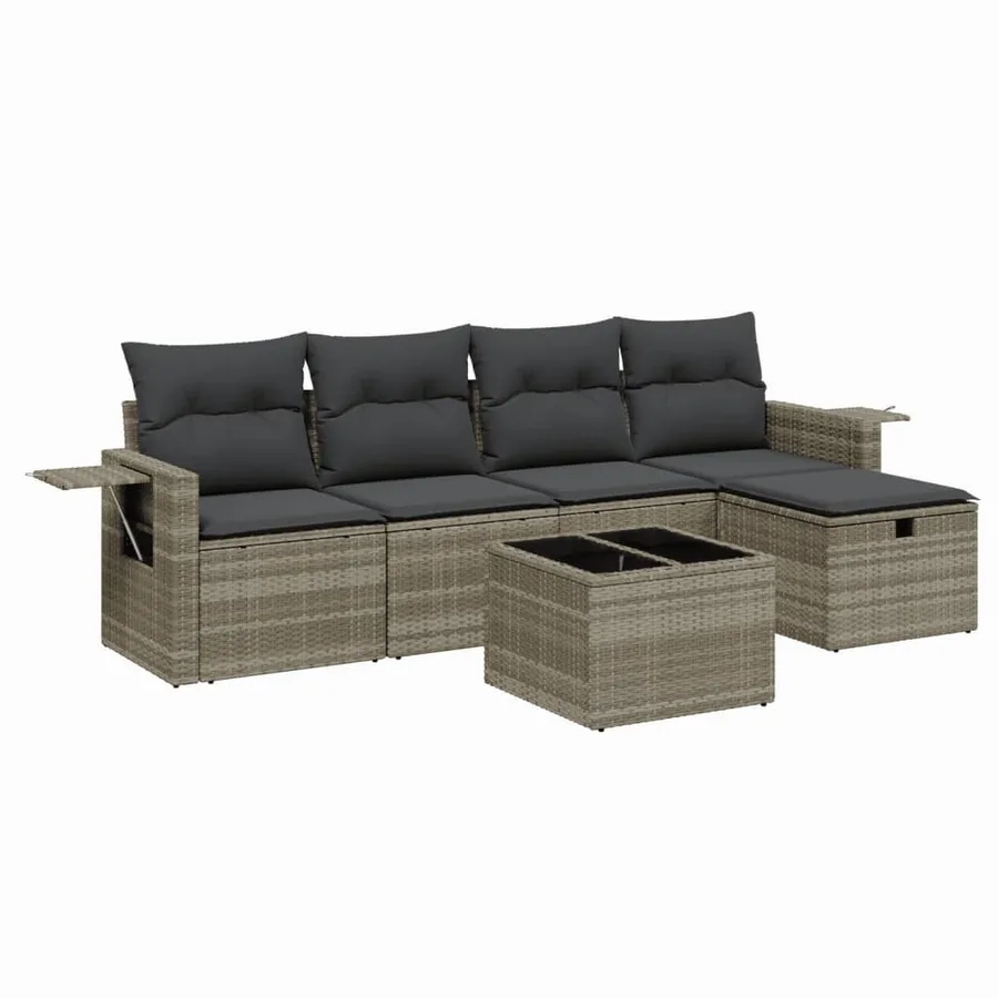 Salon de jardin 6 pcs avec coussins gris clair résine tressée - 2