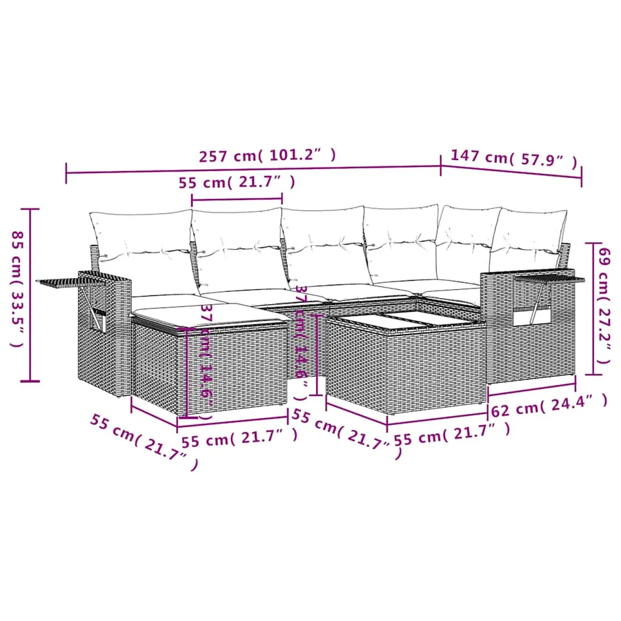 Salon de jardin avec coussins 7 pcs gris clair résine tressée - 10