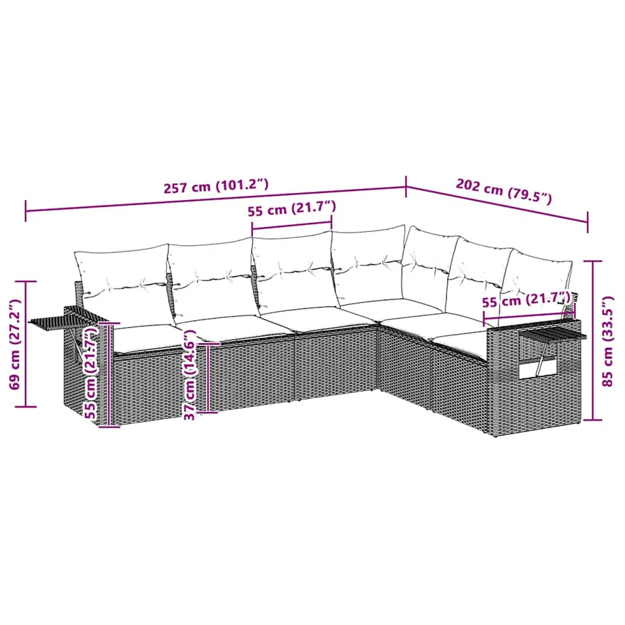 Salon de jardin 6 pcs avec coussins gris clair résine tressée - 8
