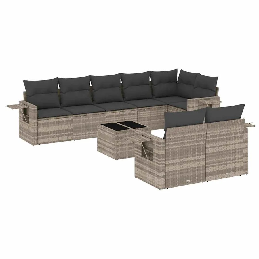 Salon de jardin 9 pcs avec coussins gris clair résine tressée - 2