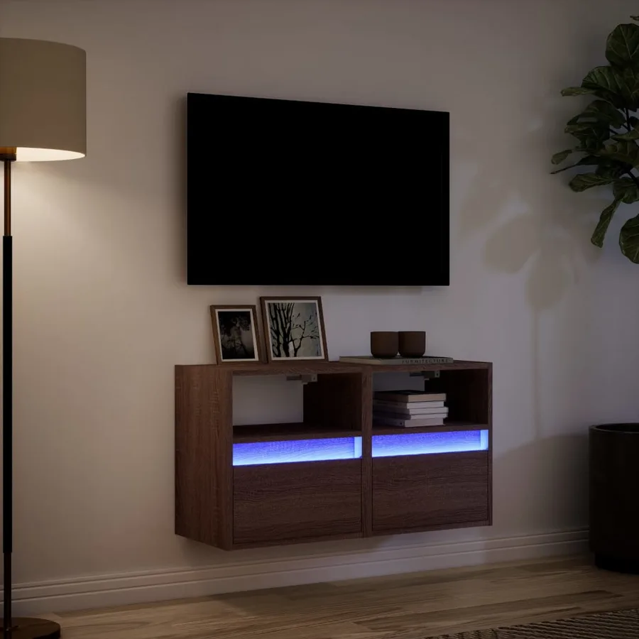 Meubles TV muraux lumières LED 2 pcs chêne marron 41x31x45 cm - 5