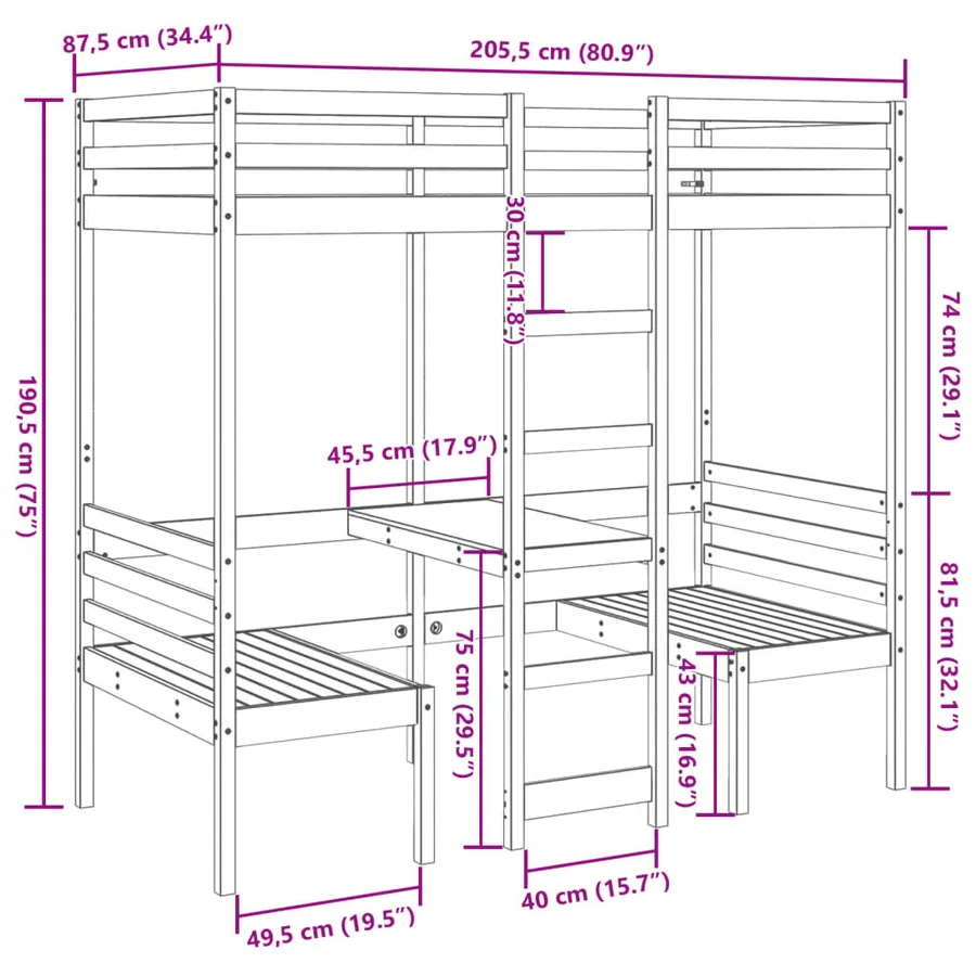 Lit mezzanine avec bureau et chaises 80x200 cm pin massif - 10