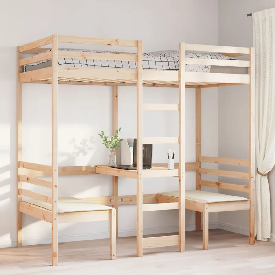 Lit mezzanine avec bureau et chaises 80x200 cm pin massif - 3