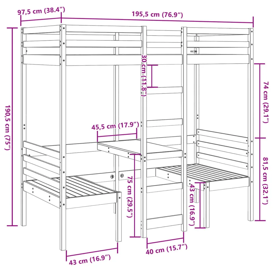 Lit mezzanine avec bureau et chaises brun cire 90x190 cm pin - 10