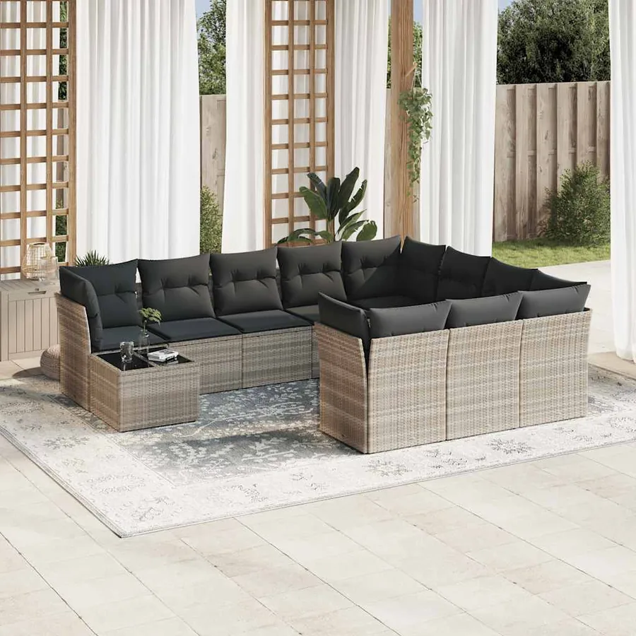Salon de jardin 11 pcs avec coussins gris clair résine tressée