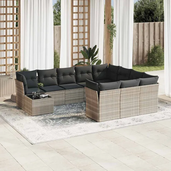 Salon de jardin 11 pcs avec coussins gris clair résine tressée