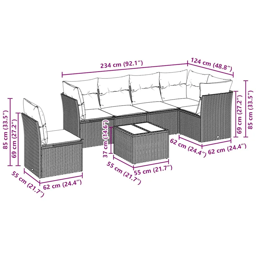 Salon de jardin avec coussins 7 pcs gris clair résine tressée - 7