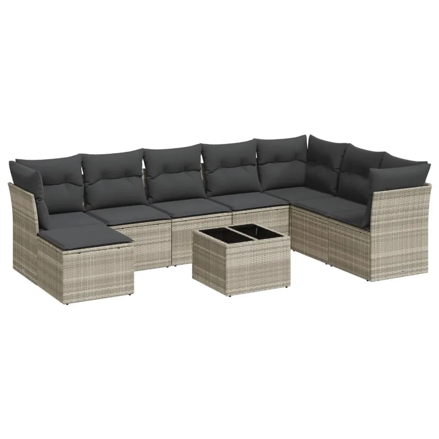 Salon de jardin 9 pcs avec coussins gris clair résine tressée - 2