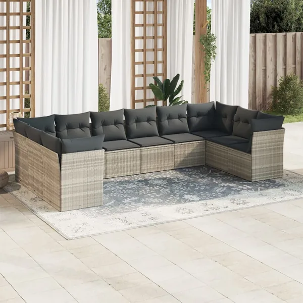 Salon de jardin avec coussins 10 pcs gris clair résine tressée