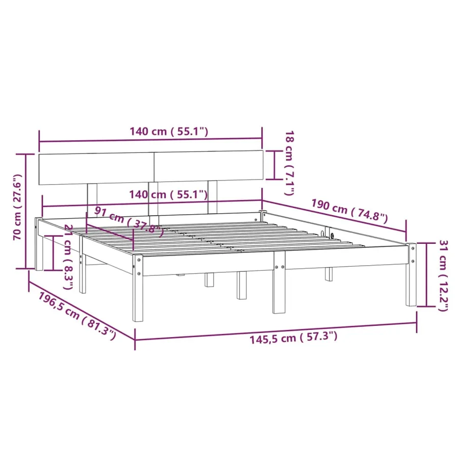 Cadre de lit sans matelas bois massif 140x190 cm - 9