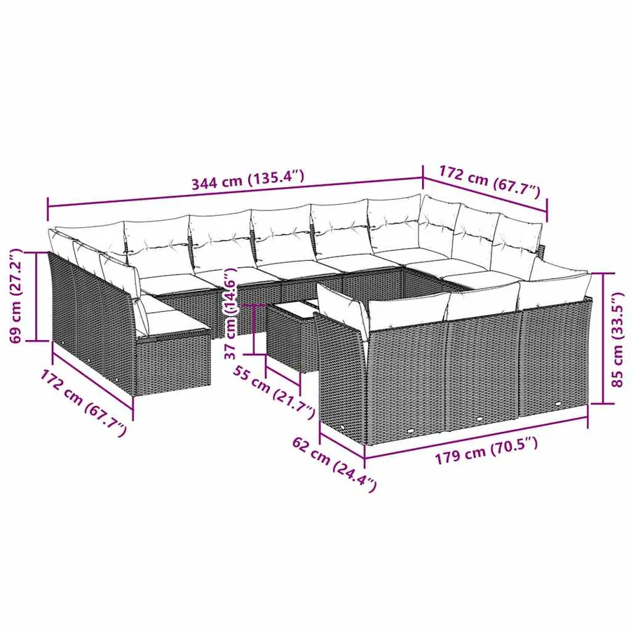 Salon de jardin avec coussins 14 pcs gris clair résine tressée - 3