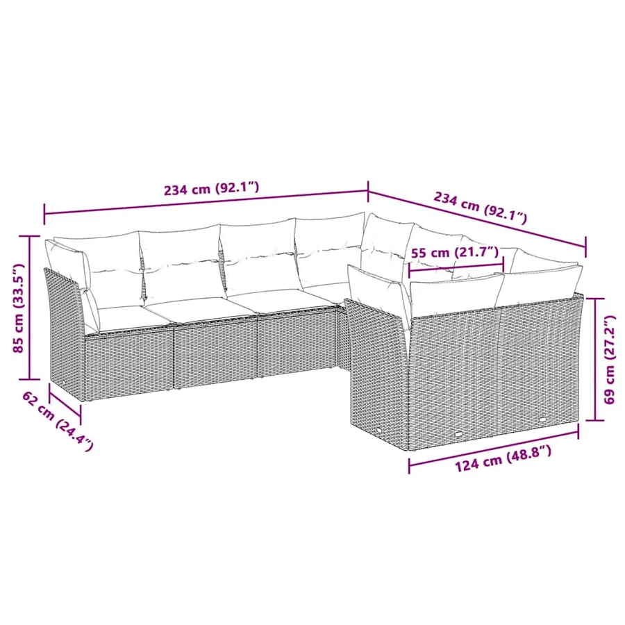 Salon de jardin 8 pcs avec coussins gris clair résine tressée - 3