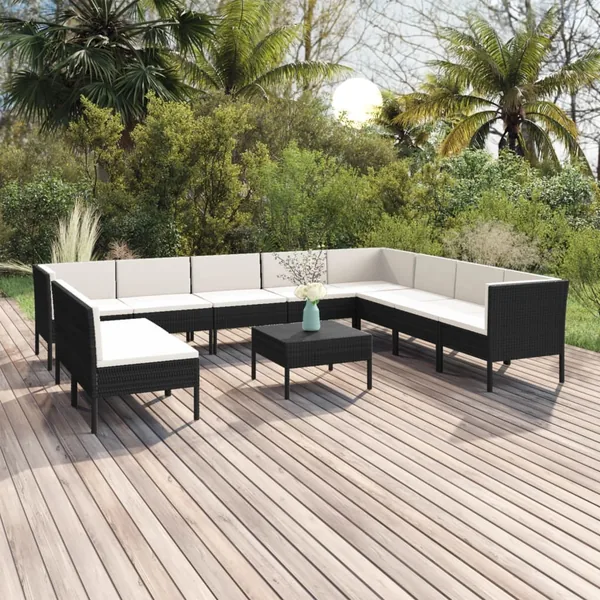 Salon de jardin 11 pcs avec coussins Résine tressée Noir