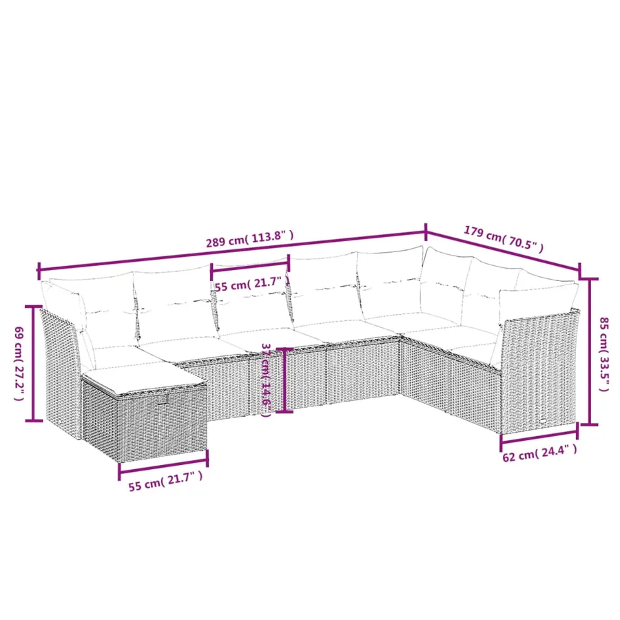 Salon de jardin 8 pcs avec coussins gris clair résine tressée - 4