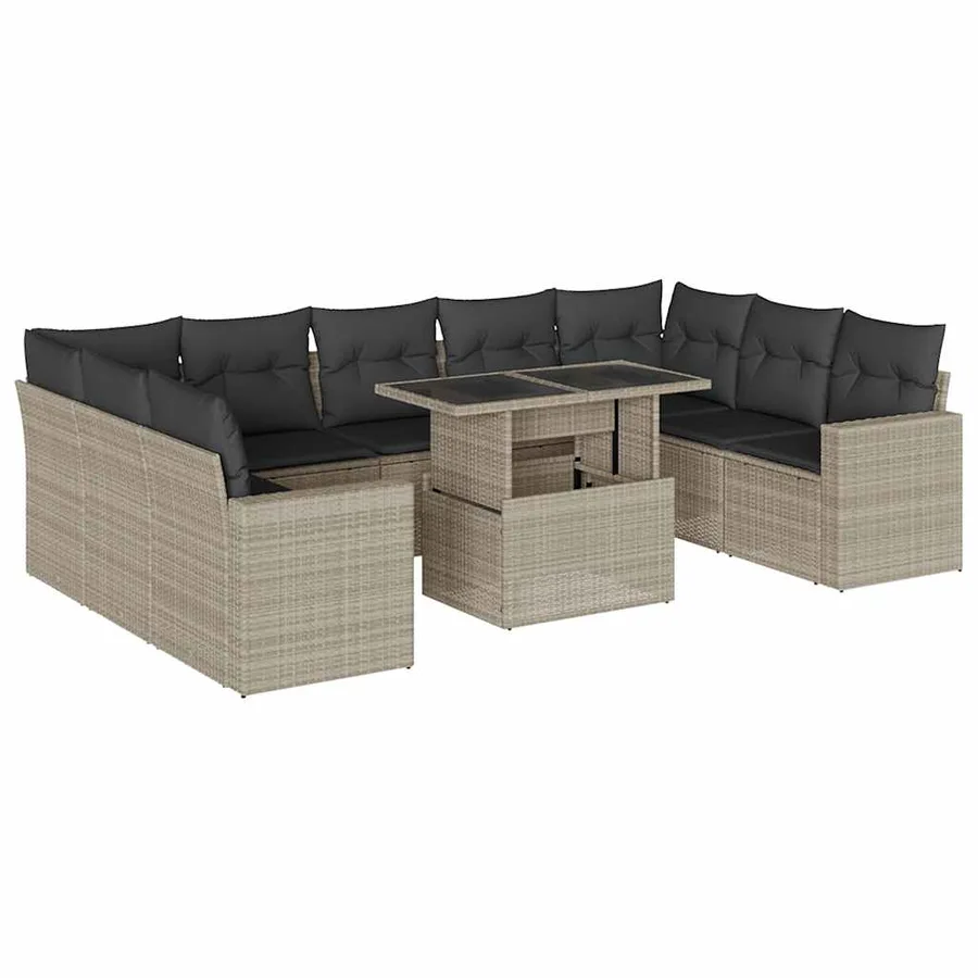 Salon de jardin avec coussins 10 pcs gris clair résine tressée - 2