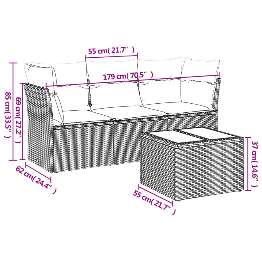 Salon de jardin 4 pcs avec coussins gris clair résine tressée - 3