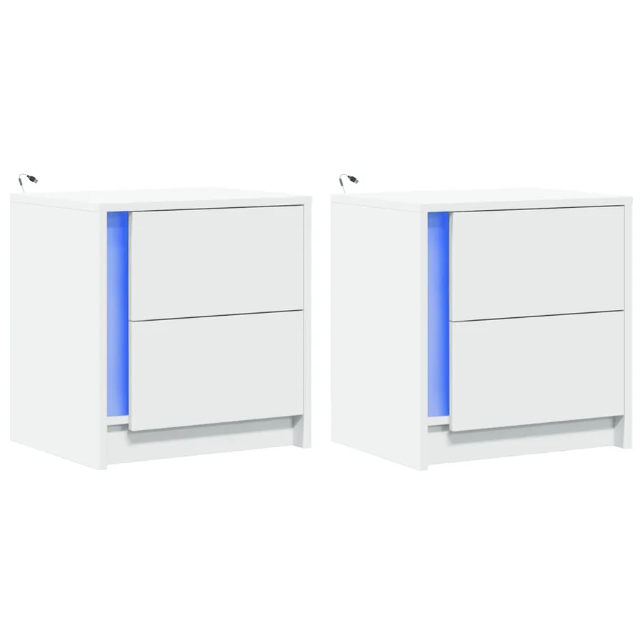 Armoires de chevet et lumières LED 2pcs blanc bois d'ingénierie - 3