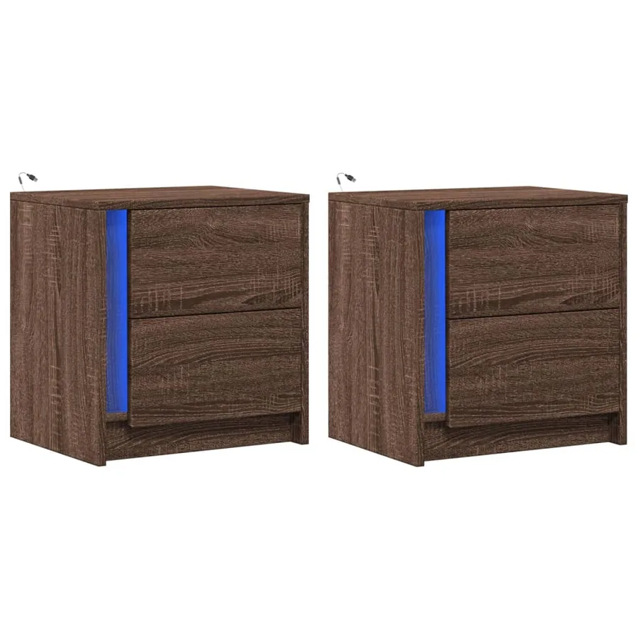 Armoires de chevet et lumières LED 2 pcs chêne marron - 3