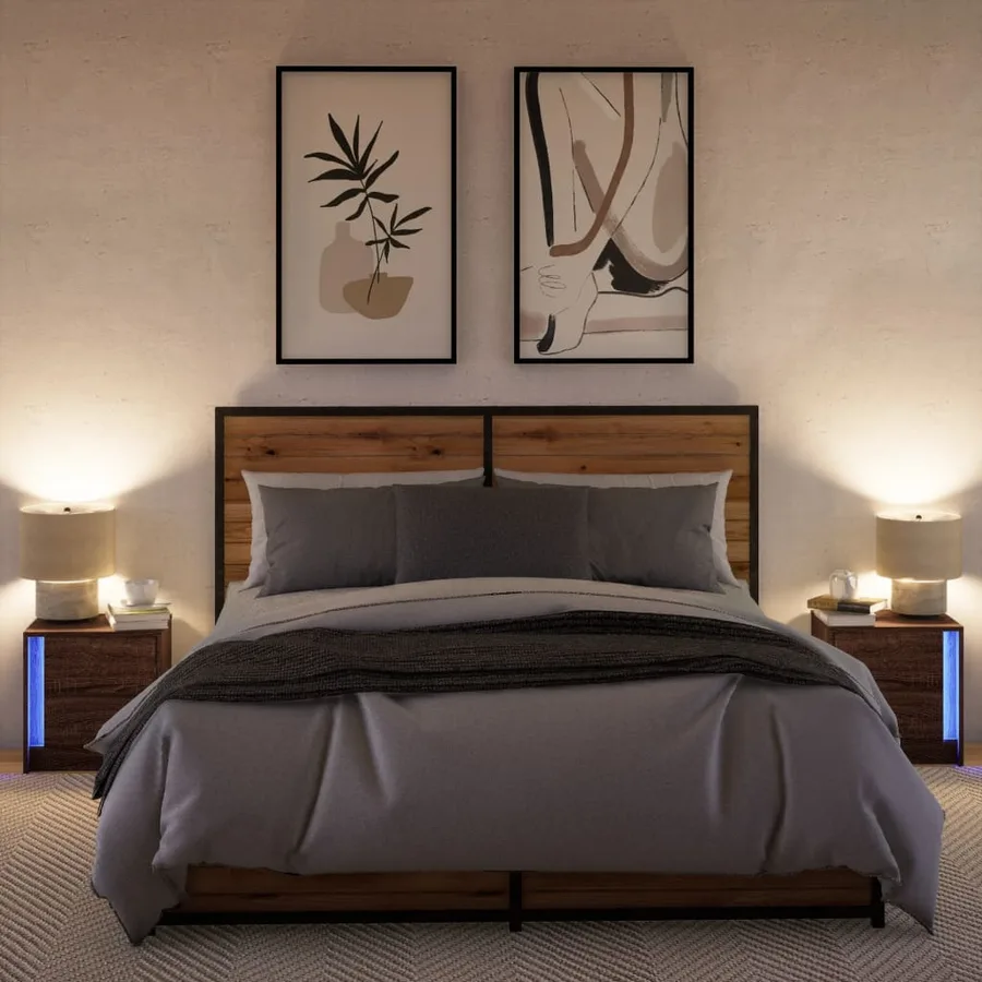 Armoires de chevet et lumières LED 2 pcs chêne marron - 5